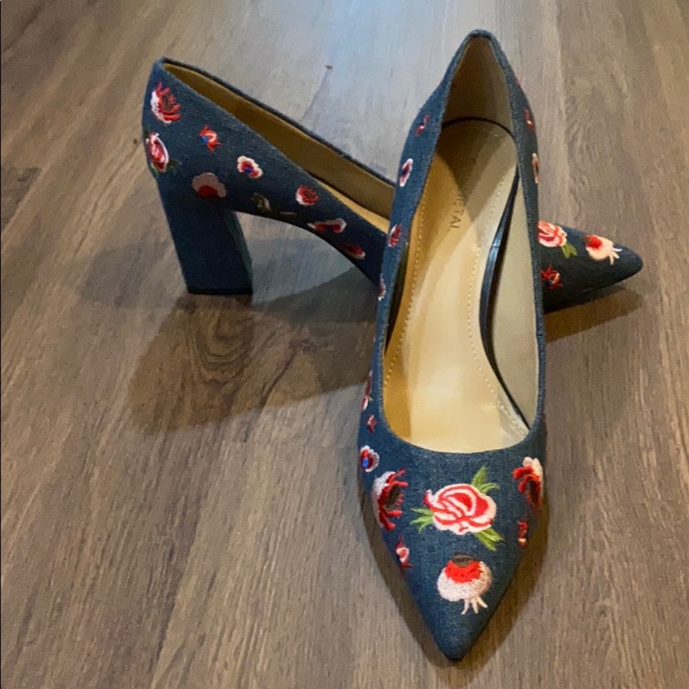 Gunmetal denim floral pumps